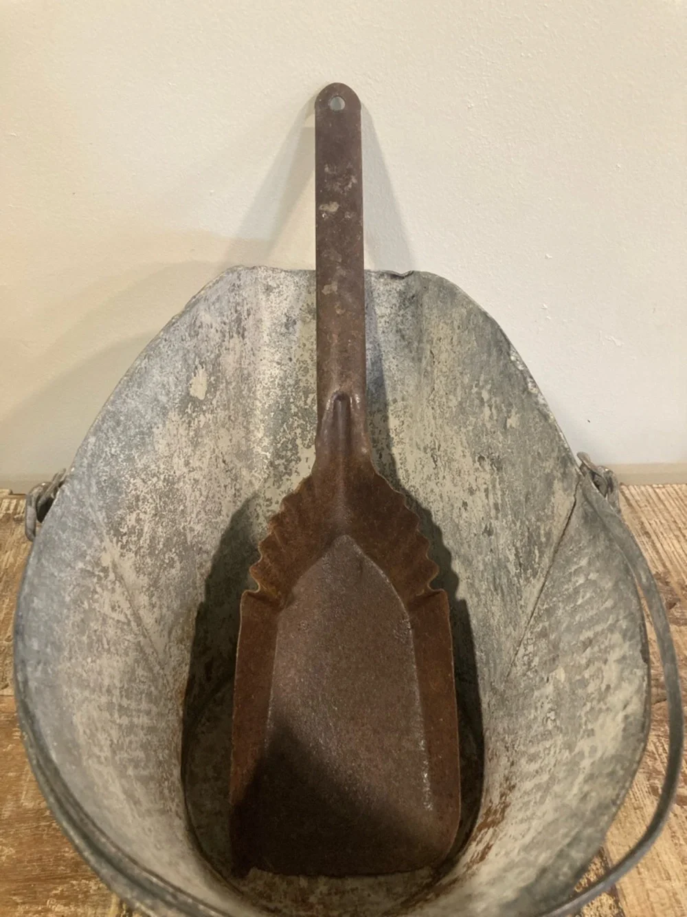 Vintage Galvanized Metal Coal Scuttle Bucket and Shovel Scoop Set Distressed